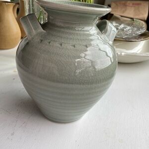 10” Vintage Simon Pearce Ceramic Crackle Glaze Vase in Soft Sage Green